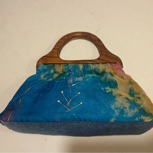Vintage Jeanne Lottie Blue Tie-Dye Silk Clutch with Wooden Handles